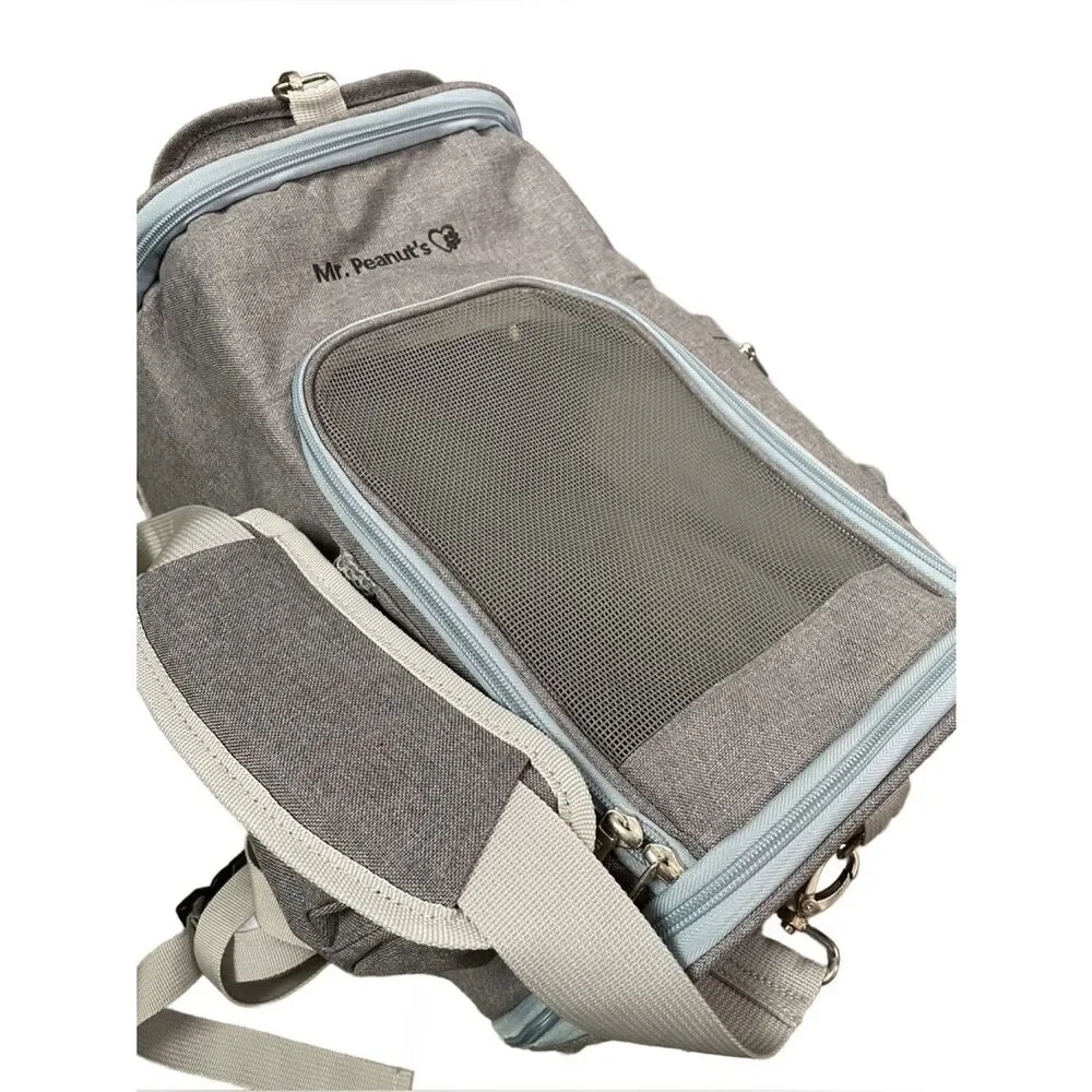 Mr. Peanuts Gray & Blue Convertible Small Pet Backpack & Crossbody Bag -Fleece